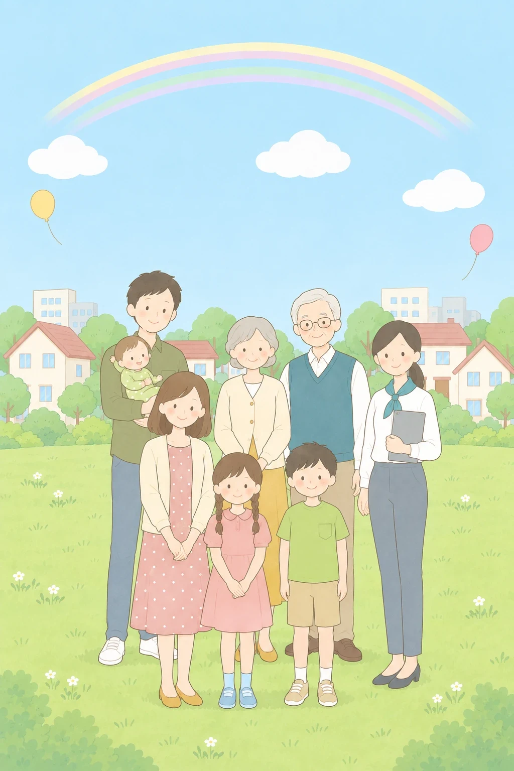 虹と空の下、家並みを背に家族が前後2列で並んで立っているイラスト(縦長)