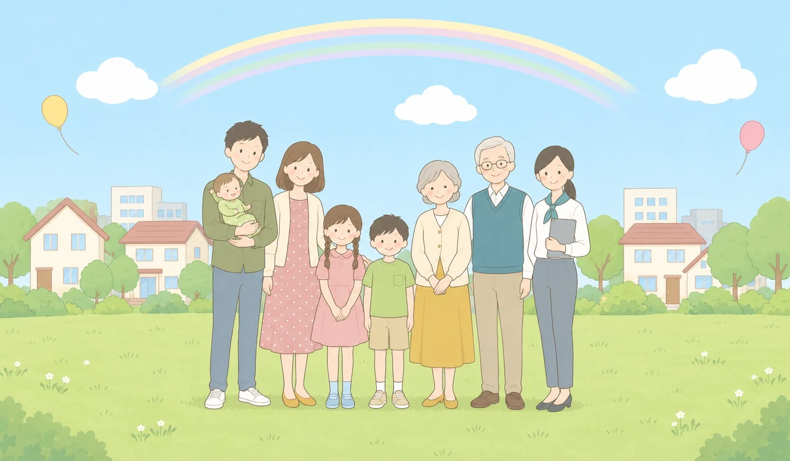 虹と空の下、街並みを背に家族6人と赤ちゃんが並んで立っているイラスト