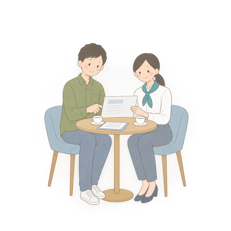 向かい合って書類を見ながら相談する2人のイラスト