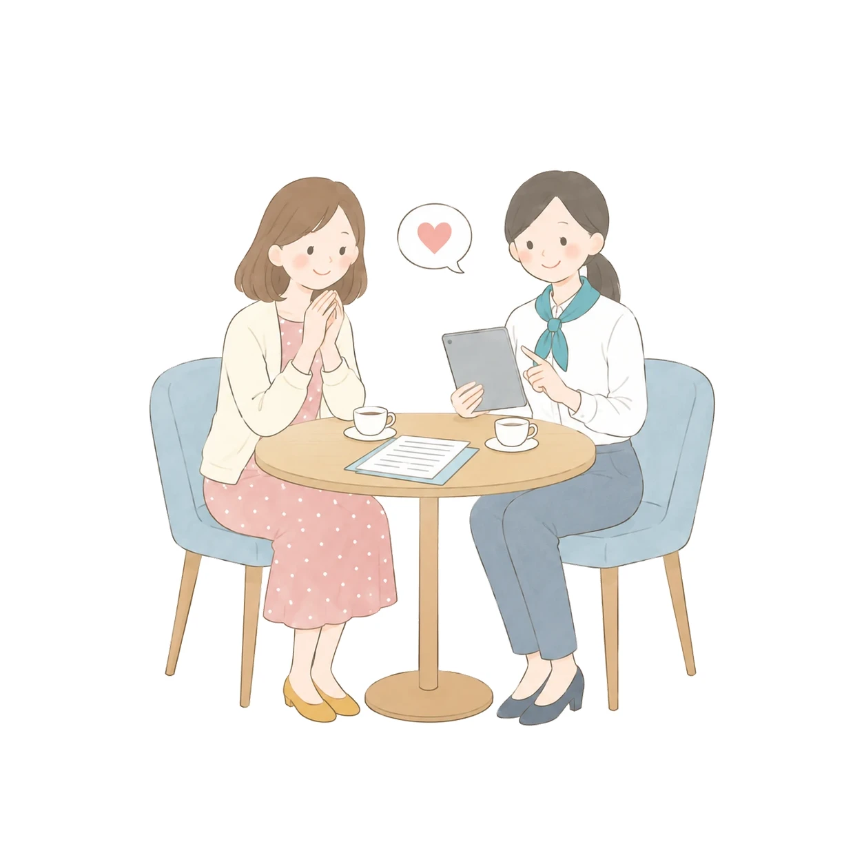 机をはさんで相談する2人のイラスト